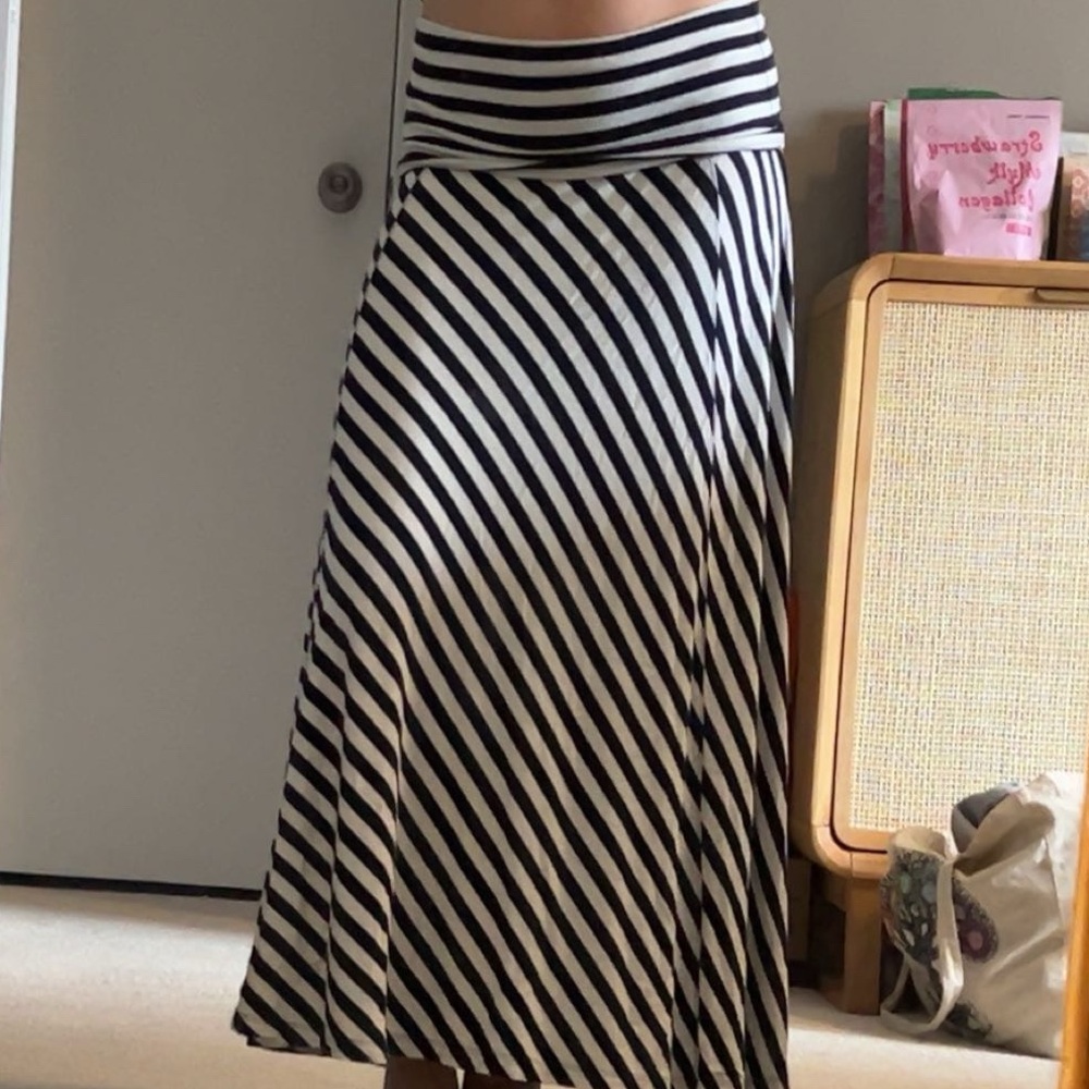 navy and white striped maxi skirt